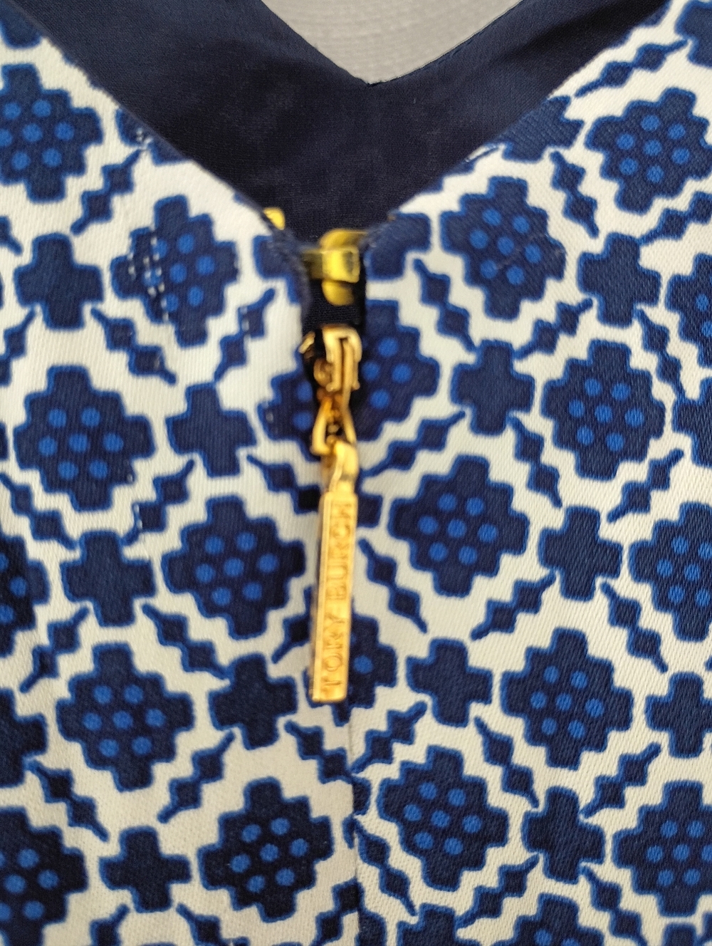 Tory Burch Navy Geometric V-Neck Sheath Dress - Picture 3 of 7